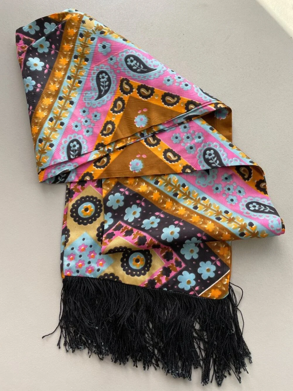 Vintage Floral Silk Scarf Black Fringe Trim Multicolor Neck Wrap Boho Festival